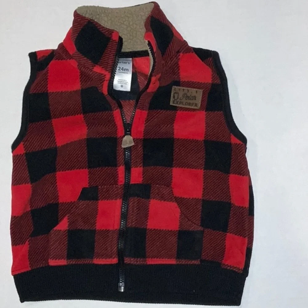 Carter's Fleece Vest Black and Red Plaid - Baby Boy Size 24 Months